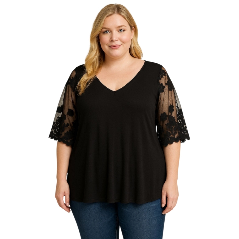 Willow Young Contemporary Black Lace Bell Sleeve Top Women’s 3X V-Neck